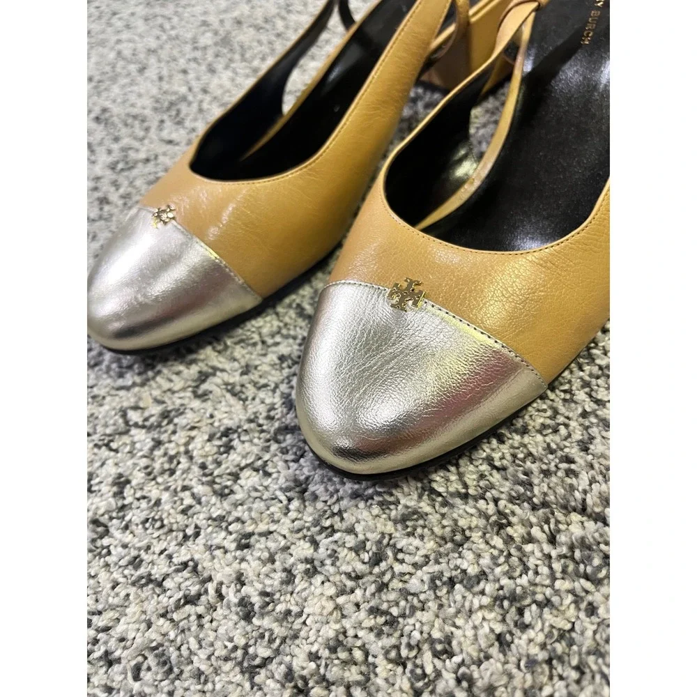 Tory Burch Tan Leather Metallic Cap Toe Slingback Block Heel Pumps Size 10M